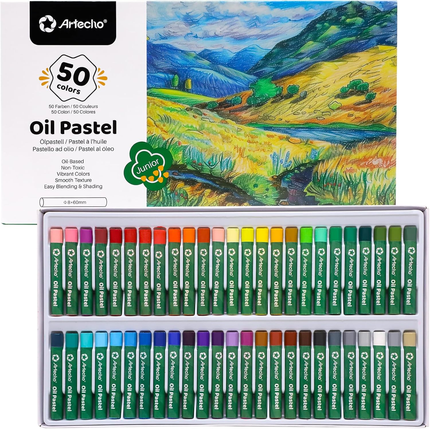 Artecho Oil Pastels Set of 50 Colors (8 x 60 mm), Soft Oil Pastels for Art Painting, Drawing, Blending, Oil Crayons Pastels Art Supplies for Artists, Beginners, Students, Teachers