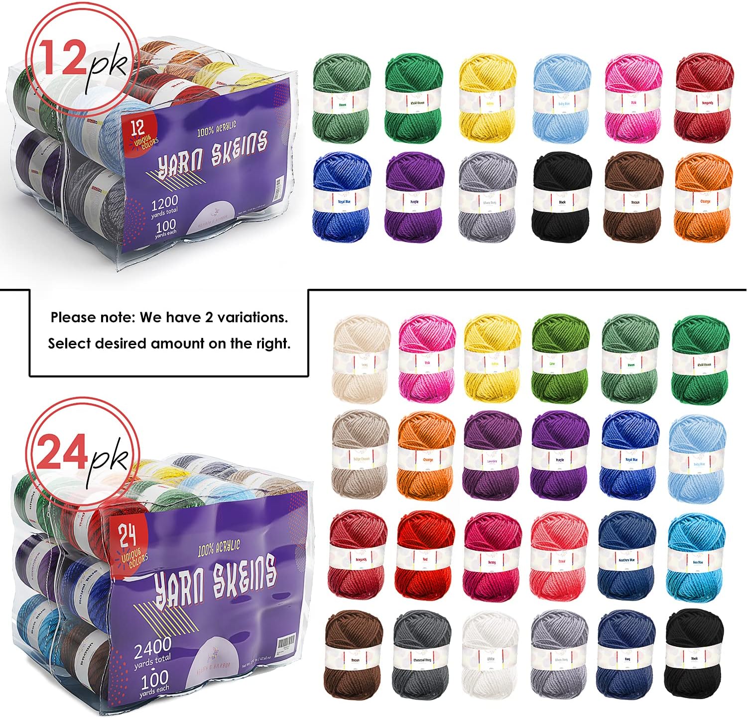 Hearth & Harbor Soft Yarn 2400 Yards (24x50g), Acrylic Yarn for Crocheting & Knitting, 24 Vivid Colors, Perfect for Crafts, Amigurumi Yarn Set - Image 2