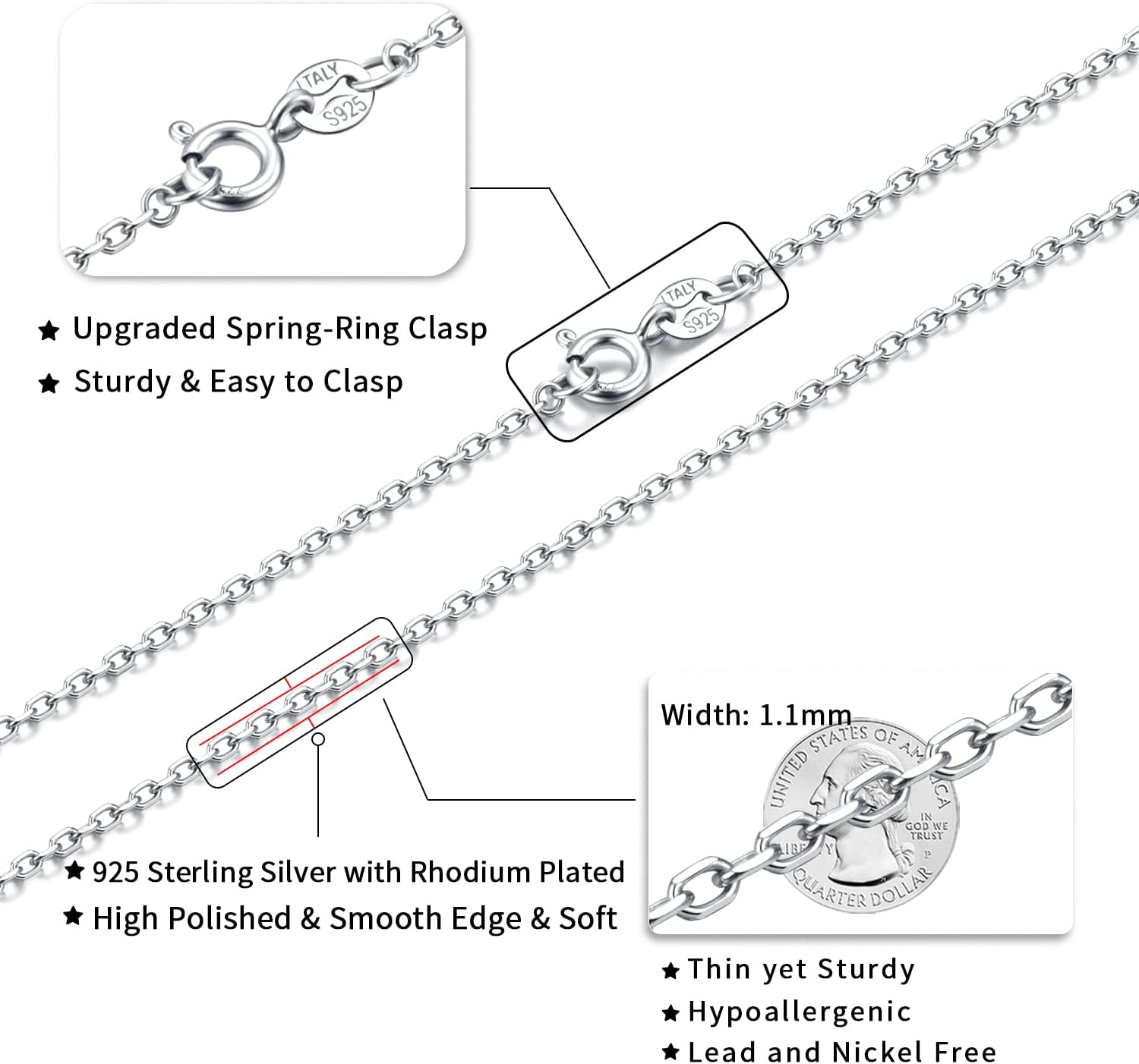 925 Sterling Silver Chain Necklace Chain for Women 1.1mm Cable Chain Necklace Upgraded Spring-Ring Clasp - Thin & Sturdy - Italian Quality 16/18/20/22/24 Inch - Image 3