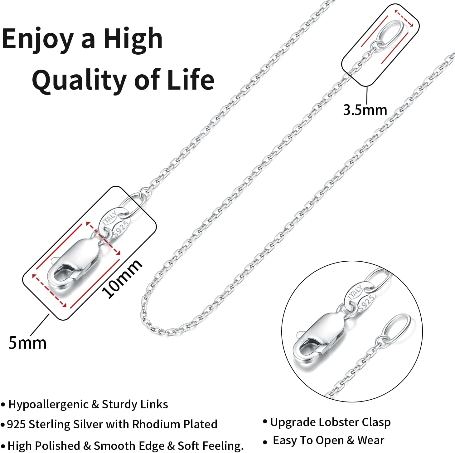 Solid 18k Gold Over 925 Sterling Silver Chain Necklace for Women, 1.1mm Cable Chain Necklace Thin & Dainty & Sturdy Women's Chain Necklaces, 14/16/17/18/20/22/24 Inches - Image 3