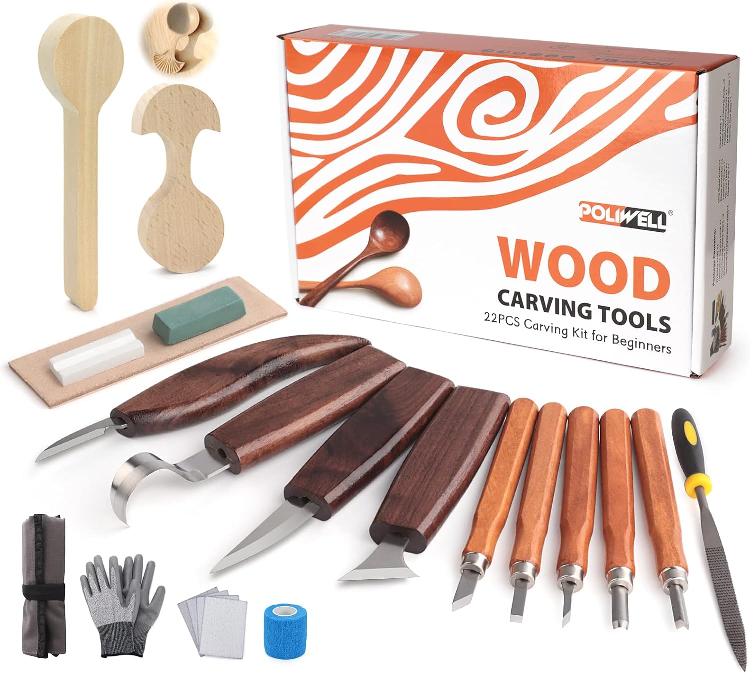 Wood Carving Kit 22PCS Wood Carving Tools Hand Carving Knife Set with Anti-Slip Cut-Resistant Gloves, Needle File Wood Spoon Carving Kit for Beginners Whittling Kit for Kids Adults Woodworking DIY