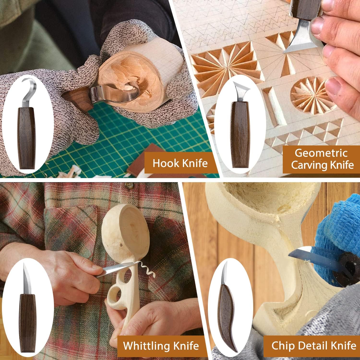 Wood Carving Kit 22PCS Wood Carving Tools Hand Carving Knife Set with Anti-Slip Cut-Resistant Gloves, Needle File Wood Spoon Carving Kit for Beginners Whittling Kit for Kids Adults Woodworking DIY - Image 2