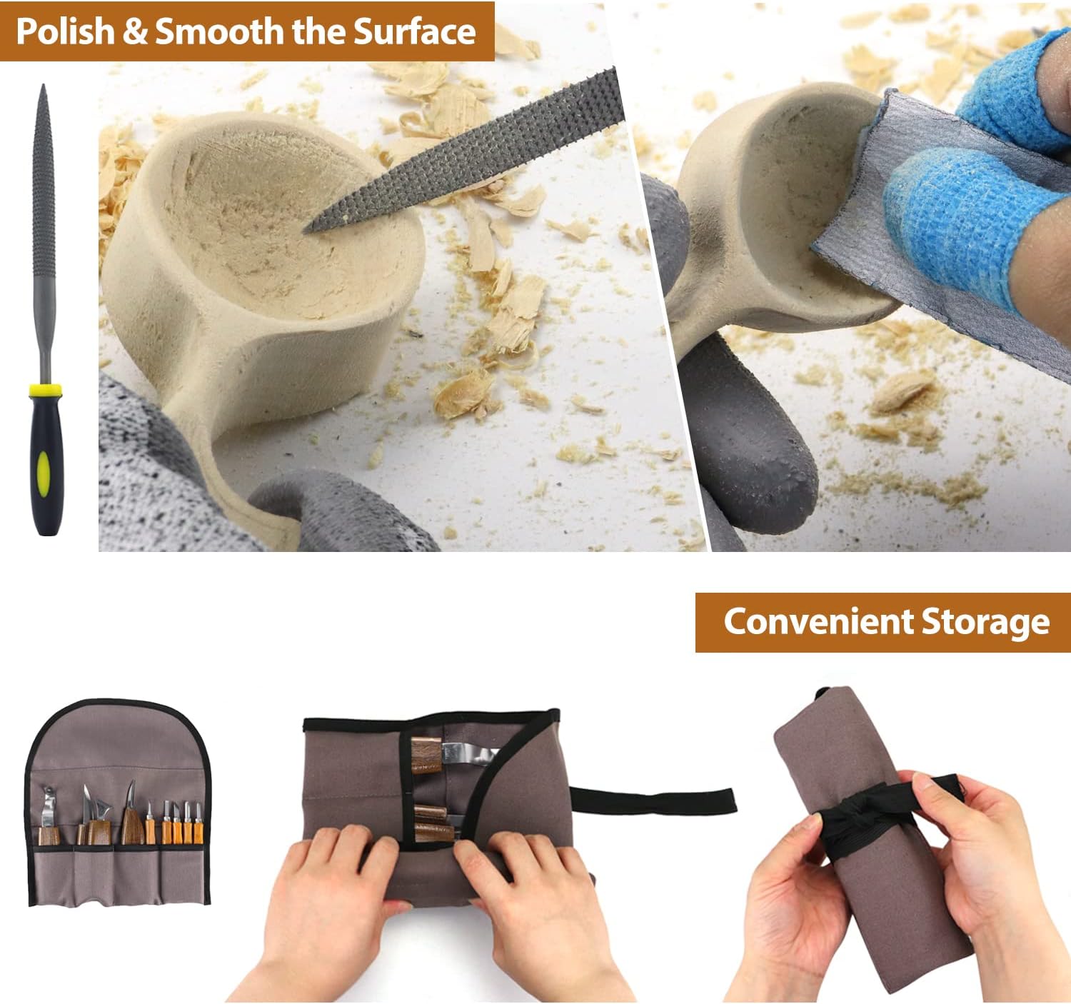 Wood Carving Kit 22PCS Wood Carving Tools Hand Carving Knife Set with Anti-Slip Cut-Resistant Gloves, Needle File Wood Spoon Carving Kit for Beginners Whittling Kit for Kids Adults Woodworking DIY - Image 5